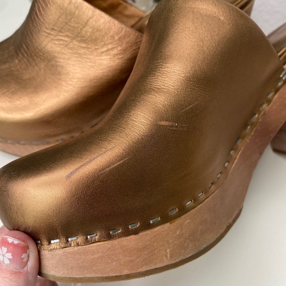 Charlotte Stone Marlo Clogs Bronze Metallic Leather Wooden Platform Heel Boho 9 - Picture 16 of 16